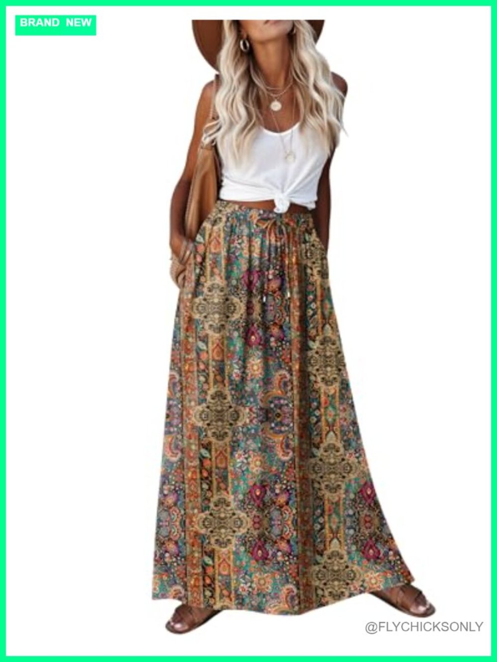 Boho Floral Maxi Skirt High Waist A-Line Flowy Beach Skirt with Side Pockets